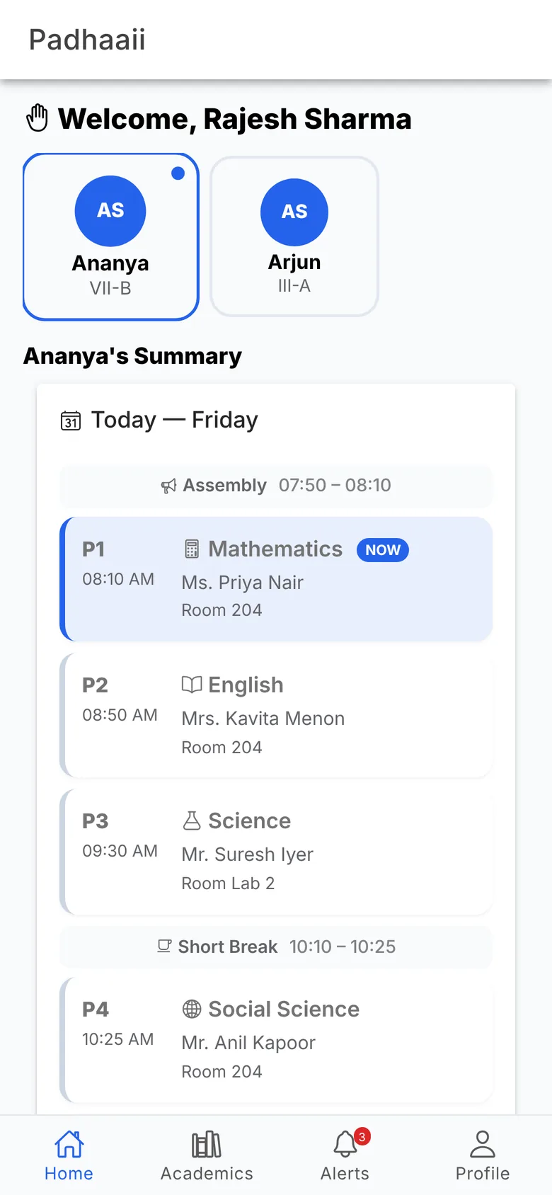 Parent app home with child switcher and timetable